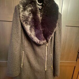 INC International Concepts Womens Over Coat Black Asymmetric Zip Fur Trim (XS)